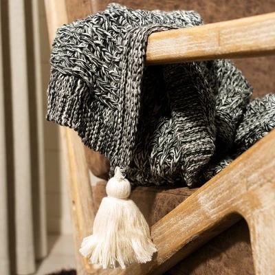 Pennie Knit Tassel Throw Blanket - Black/Natural - 50" X 60" - Safavieh - Image 2