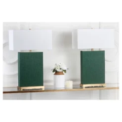 (Set Of 2) 27.8" Joyce Faux Woven Leather Table Lamp (Includes CFL Light Bulb) Dark Green - Safavieh